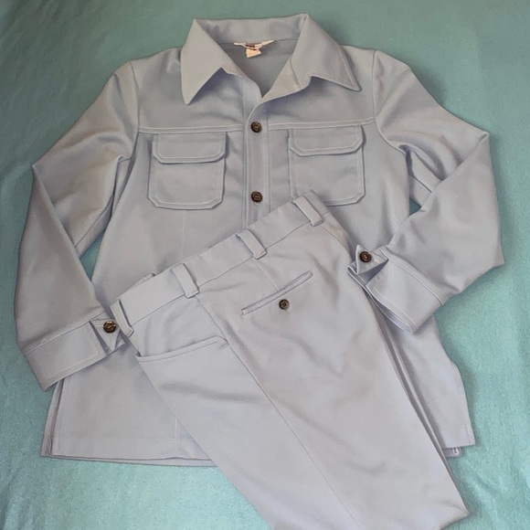 JCPenney 1970’s Flight 1 leisure suit jacket slacks polyester sky blue size 44R - Picture 1 of 12